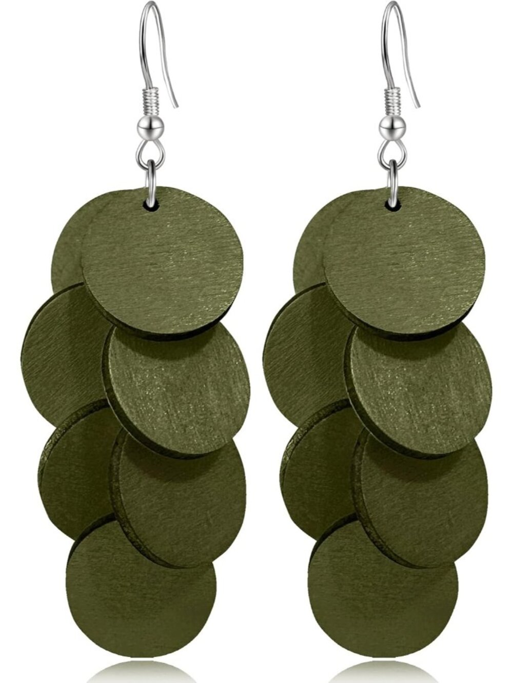 Women's Olive Green Handmade Bohemian Wooden Round Geometry Dangle Drop Earrings